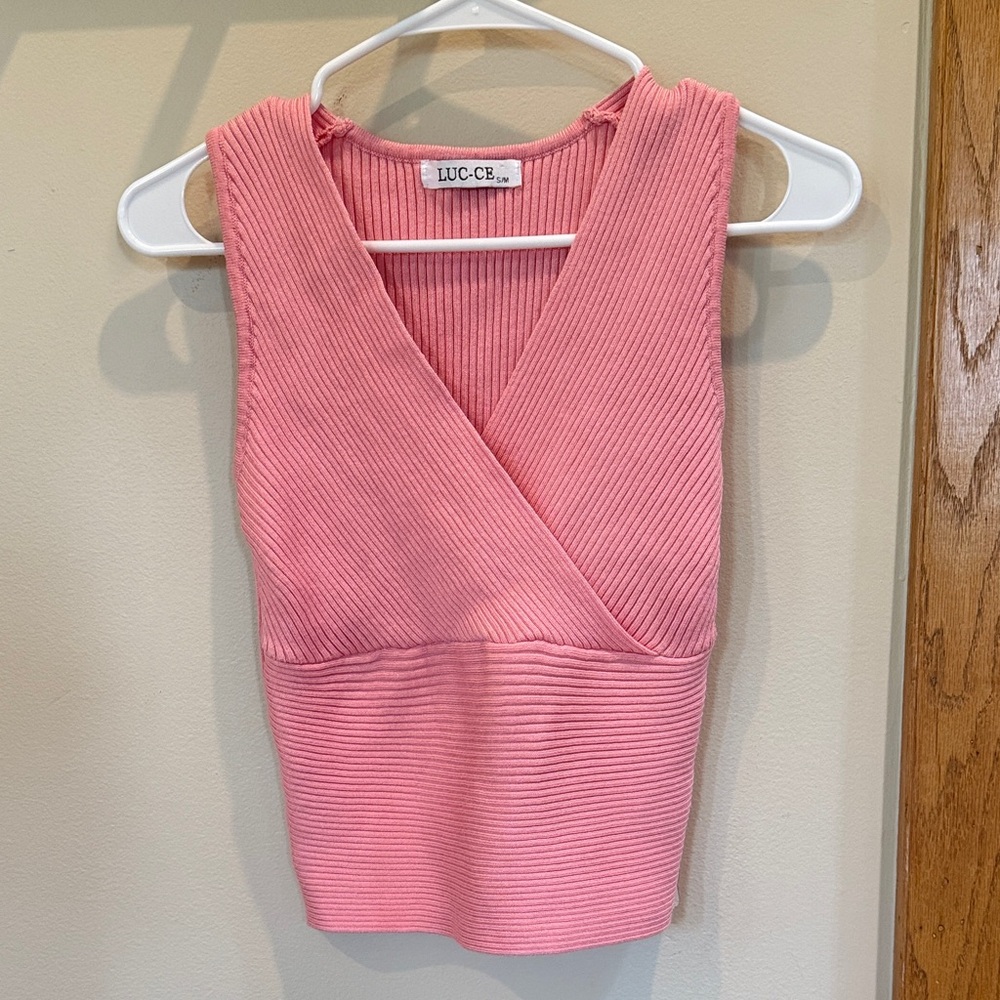 Pink Ribbed V-Neck Tank Top